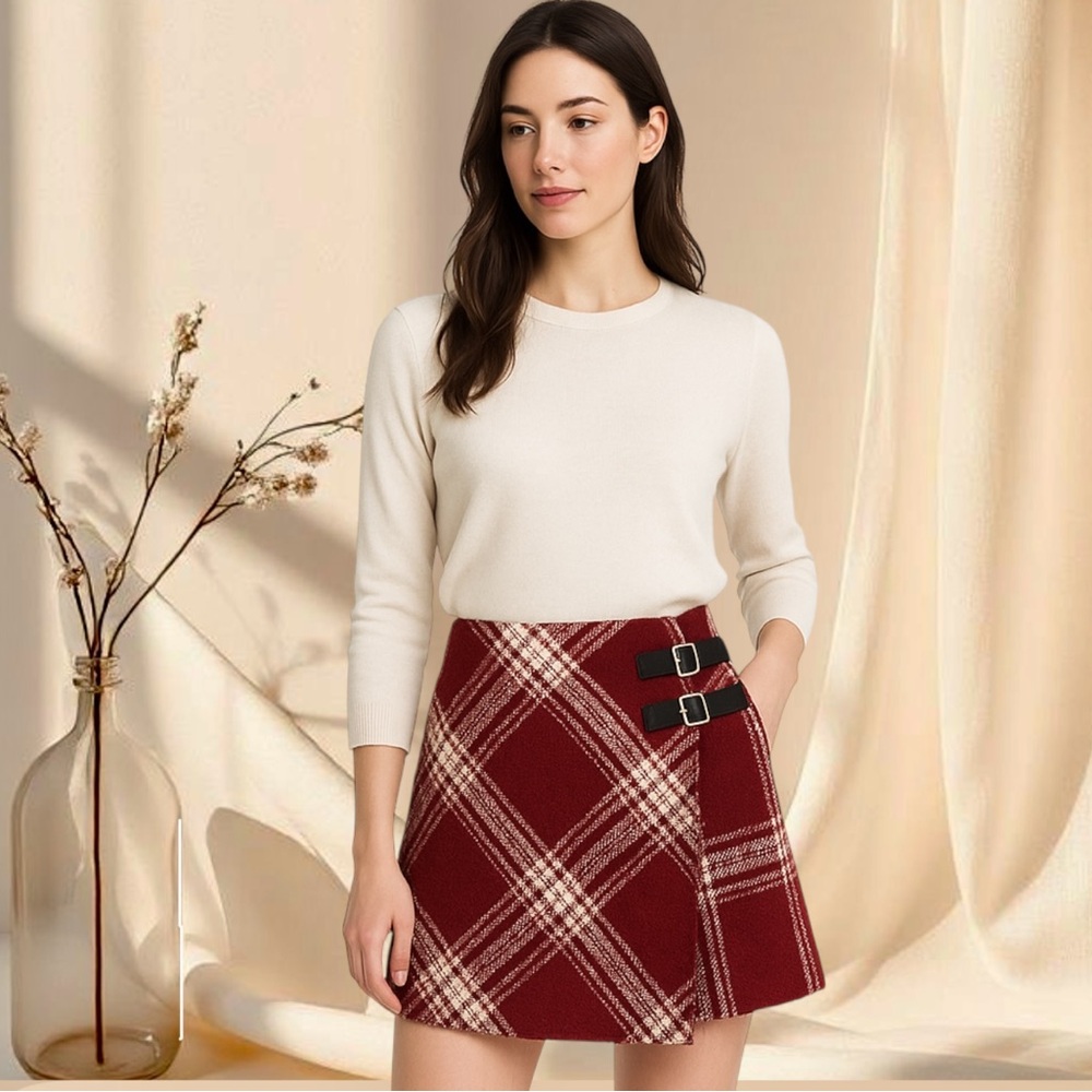 Red Plaid Wool Mini Skirt Wrap Style with Buckle Straps | Preppy Winter Skirt